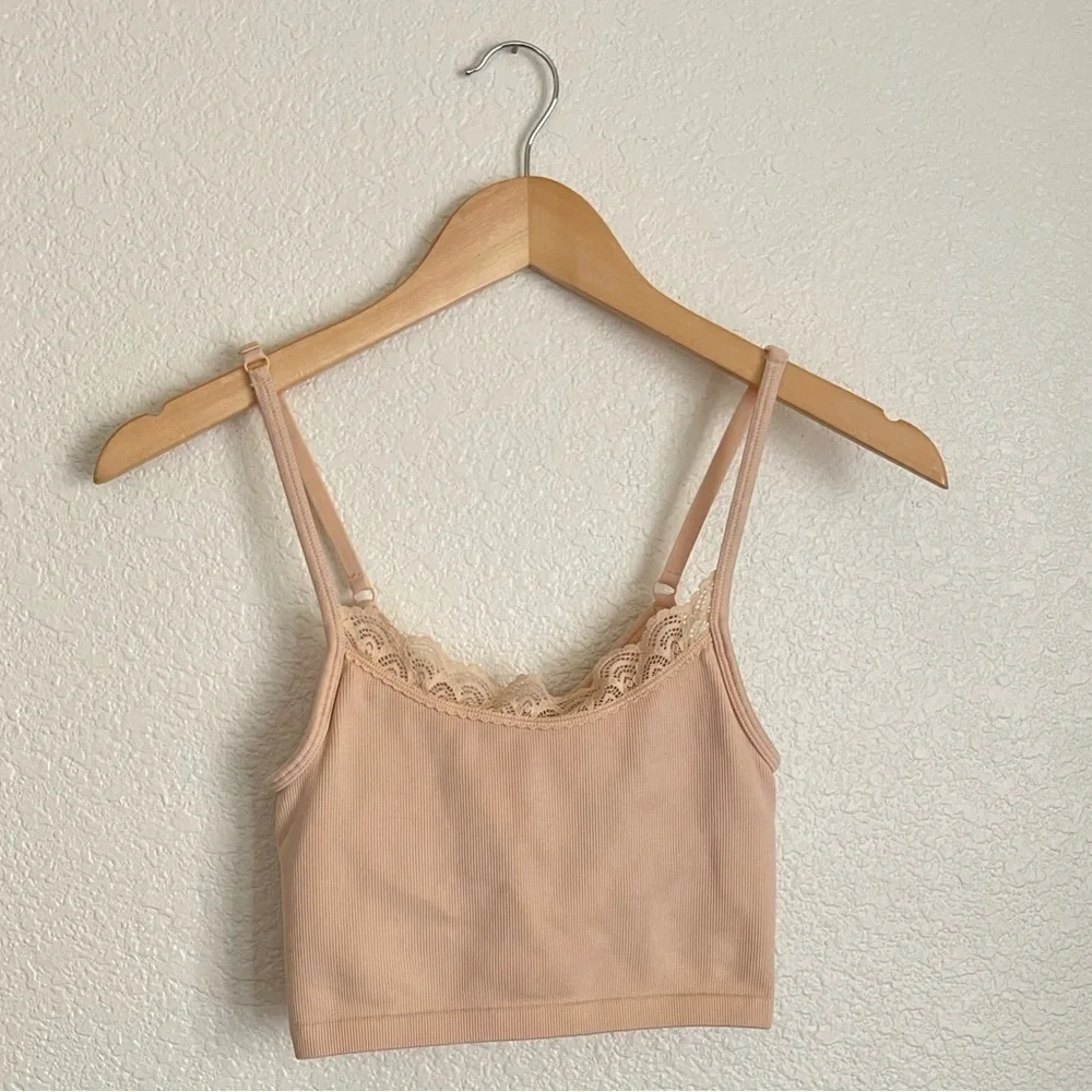 Aerie Seamless Lace Trim Longline Bralette XS Light Pink
